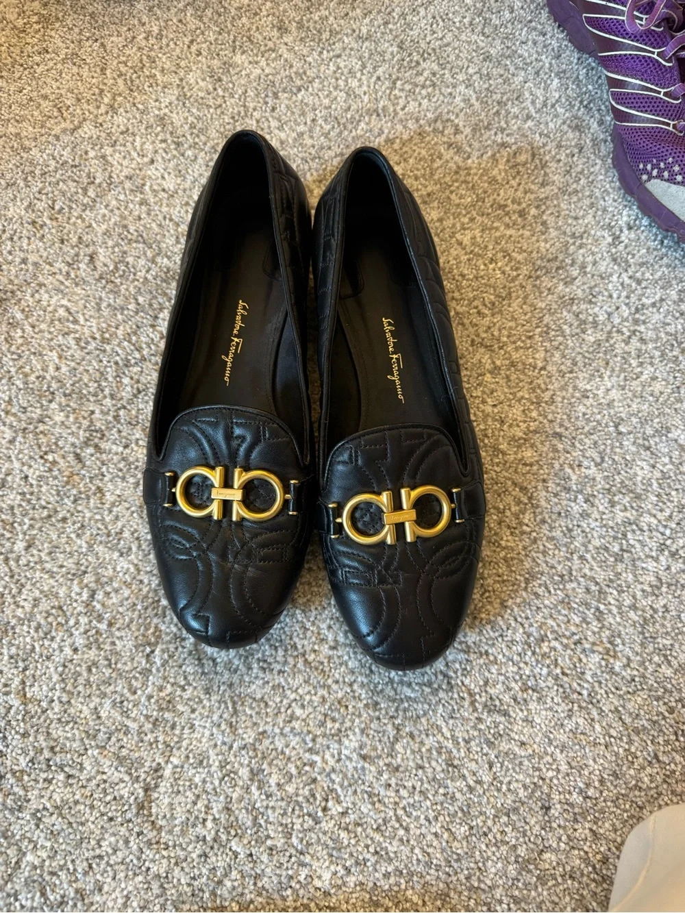 Salvatore Ferragamo Black Quilted Leather Loafers with Gold Gancini